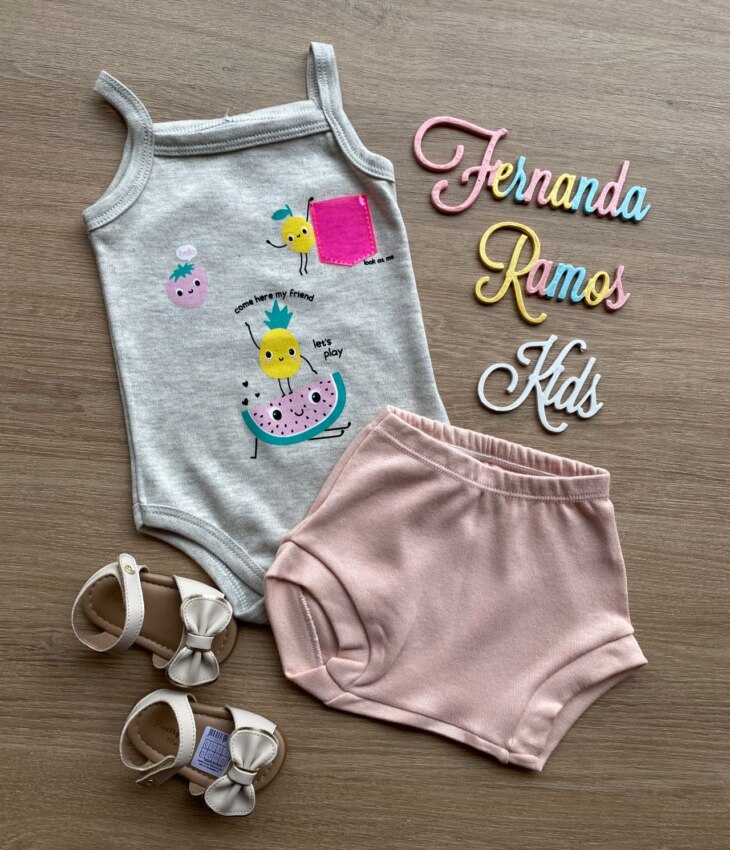 Conjunto Infantil Feminino Body Cinza com Estampa e Short Rose Fernanda Ramos Kids
