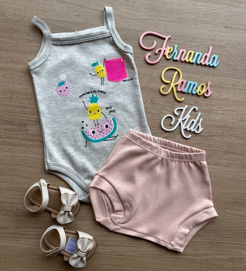 Conjunto Infantil Feminino Body Cinza com Estampa e Short Rose Fernanda Ramos Kids