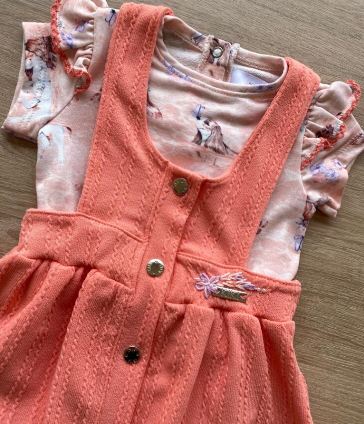 fernandaramoskids com br Conjunto Infantil Feminino Body Estampa Dog e Salopete Salmão 1