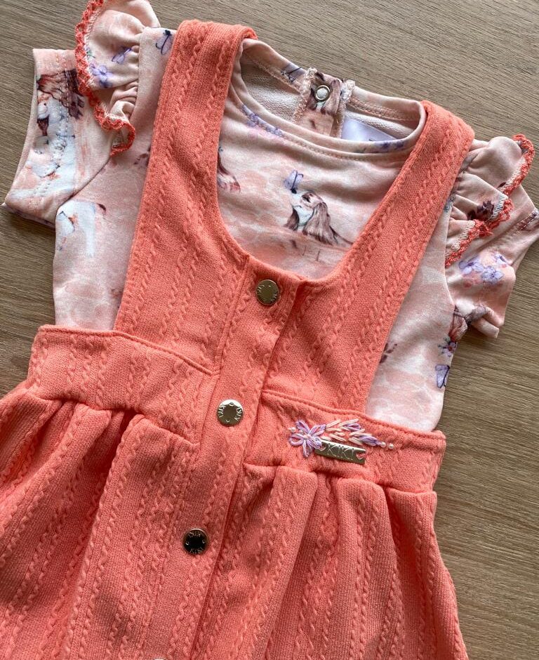 fernandaramoskids com br Conjunto Infantil Feminino Body Estampa Dog e Salopete Salmão 1