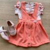 Conjunto Infantil Feminino Body Estampa Dog e Salopete Salmão Fernanda Ramos Kids