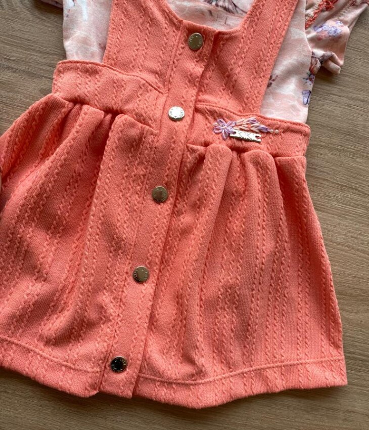 fernandaramoskids com br Conjunto Infantil Feminino Body Estampa Dog e Salopete Salmão 2