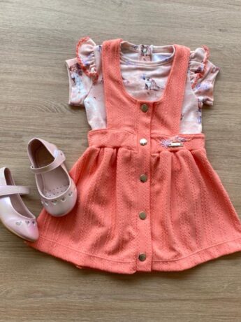 Conjunto Infantil Feminino Body Estampa Dog e Salopete Salmão Fernanda Ramos Kids