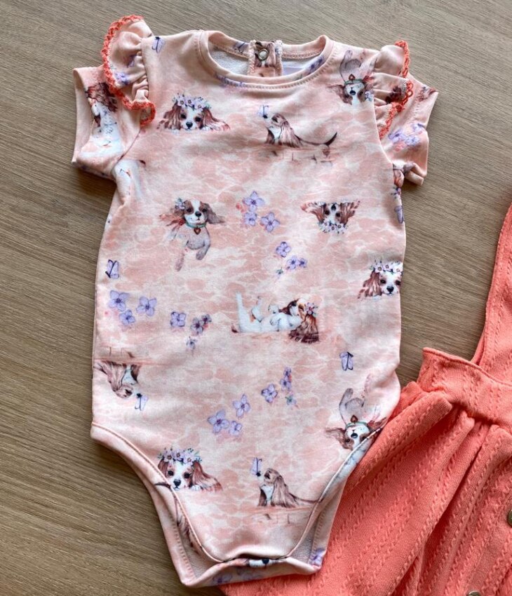 fernandaramoskids com br Conjunto Infantil Feminino Body Estampa Dog e Salopete Salmão 4