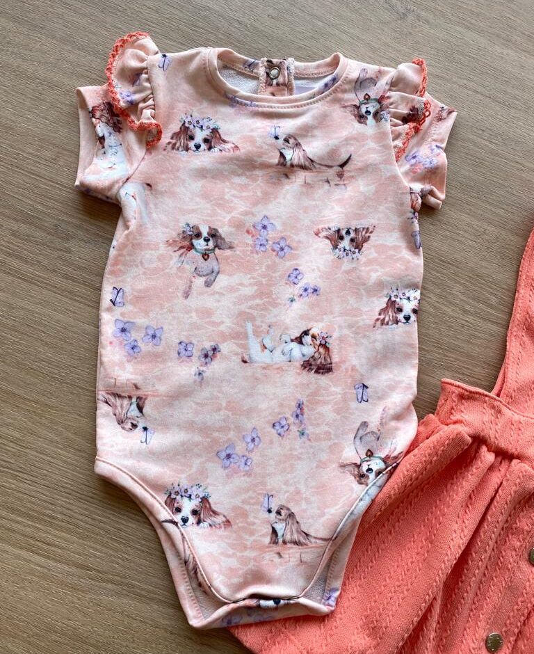 fernandaramoskids com br Conjunto Infantil Feminino Body Estampa Dog e Salopete Salmão 4