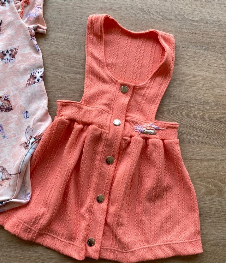 fernandaramoskids com br Conjunto Infantil Feminino Body Estampa Dog e Salopete Salmão 5