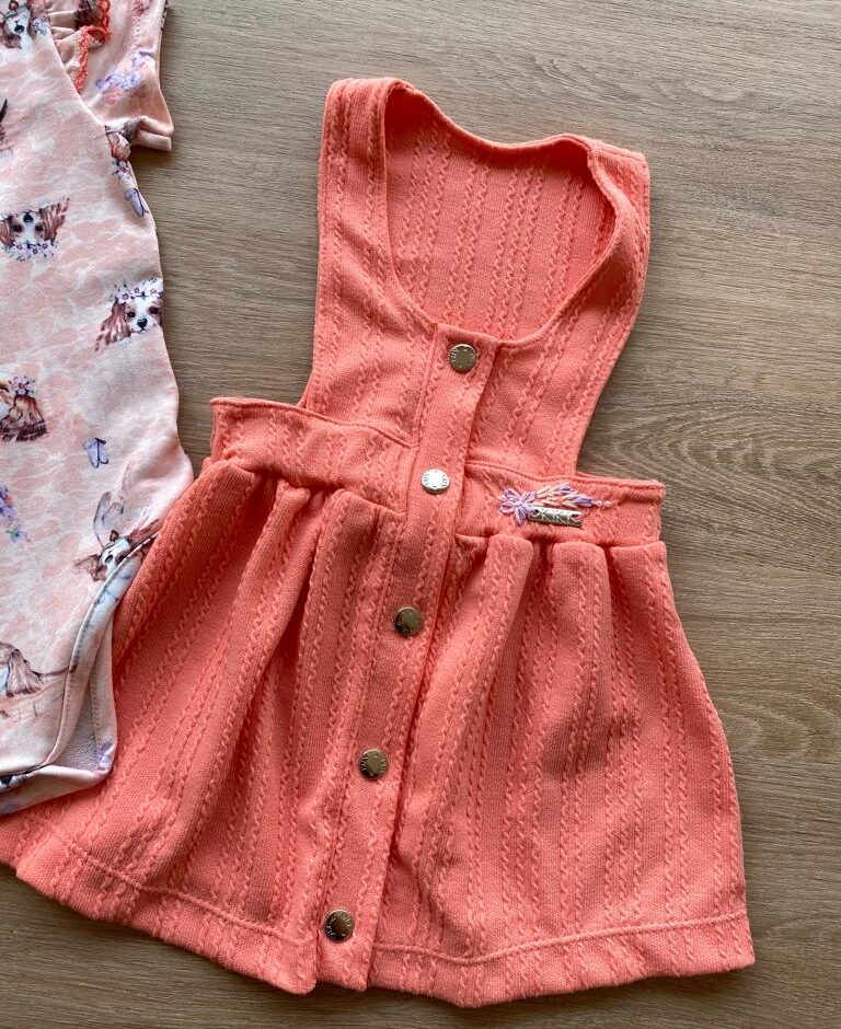 fernandaramoskids com br Conjunto Infantil Feminino Body Estampa Dog e Salopete Salmão 5