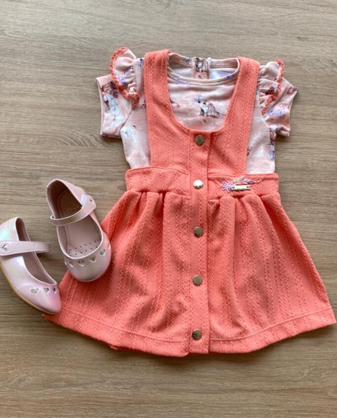 Conjunto Infantil Feminino Body Estampa Dog e Salopete Salmão Fernanda Ramos Kids