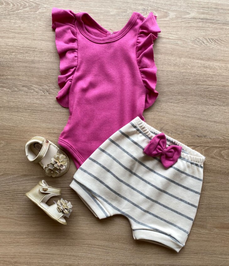 Conjunto Infantil Feminino Body Fúcsia e Short Listrado Fernanda Ramos Kids