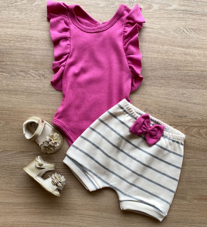 Conjunto Infantil Feminino Body Fúcsia e Short Listrado Fernanda Ramos Kids