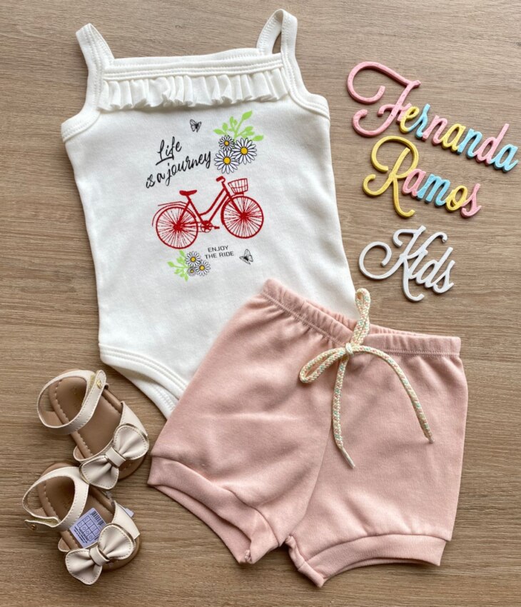 Conjunto Infantil Feminino Body Off White Short Rose Fernanda Ramos Kids