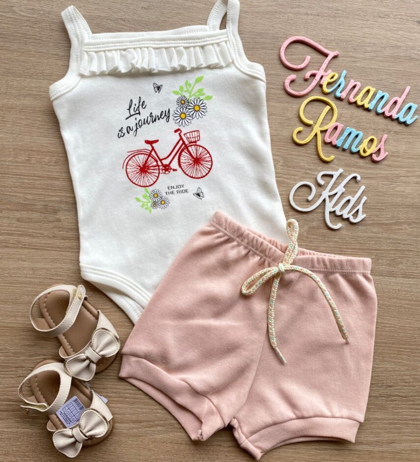 Conjunto Infantil Feminino Body Off White Short Rose Fernanda Ramos Kids