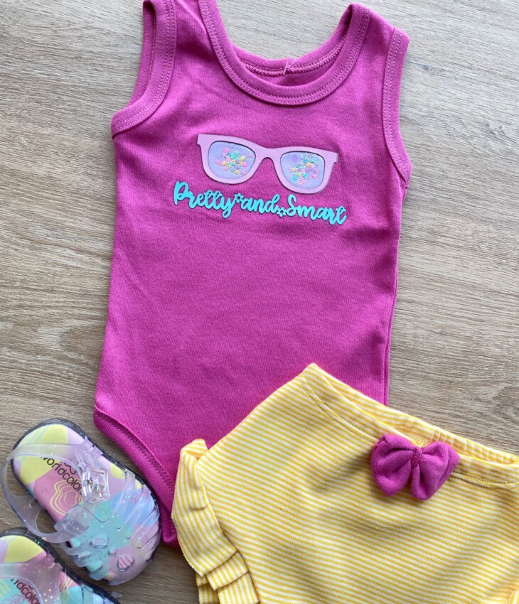 fernandaramoskids com br Conjunto Infantil Feminino Body Pink Short Listrado Amarelo 1