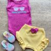 Conjunto Infantil Feminino Body Pink Short Listrado Amarelo Fernanda Ramos Kids