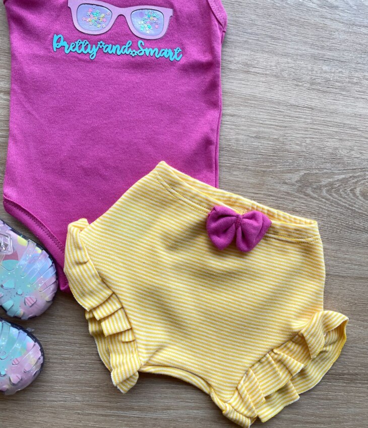 fernandaramoskids com br Conjunto Infantil Feminino Body Pink Short Listrado Amarelo 2