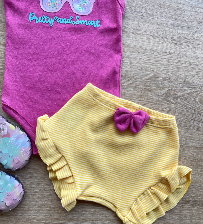 fernandaramoskids com br Conjunto Infantil Feminino Body Pink Short Listrado Amarelo 2