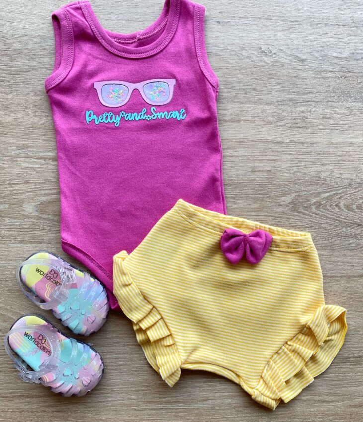 Conjunto Infantil Feminino Body Pink Short Listrado Amarelo Fernanda Ramos Kids