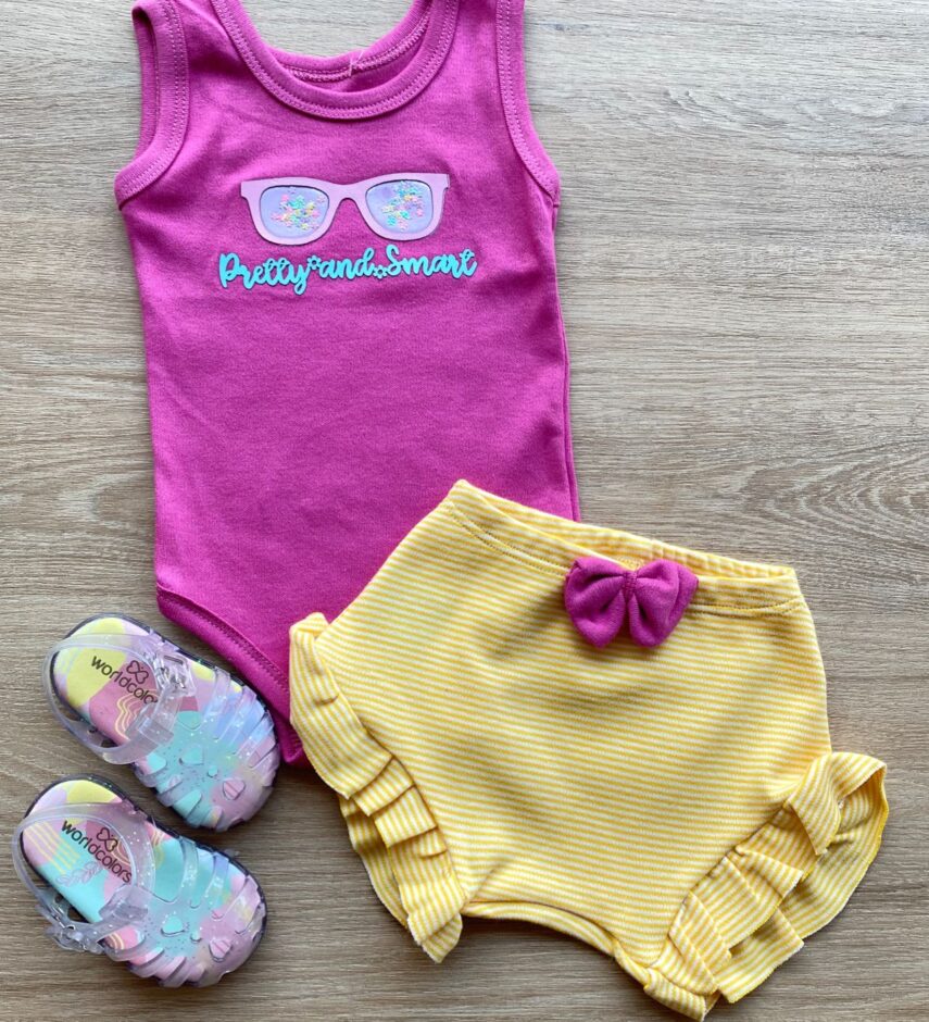 Conjunto Infantil Feminino Body Pink Short Listrado Amarelo Fernanda Ramos Kids