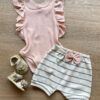 Conjunto Infantil Feminino Body Rose e Short Listrado Fernanda Ramos Kids