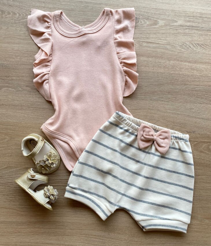 Conjunto Infantil Feminino Body Rose e Short Listrado Fernanda Ramos Kids
