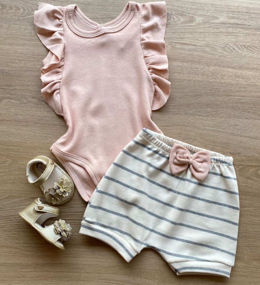 Conjunto Infantil Feminino Body Rose e Short Listrado Fernanda Ramos Kids