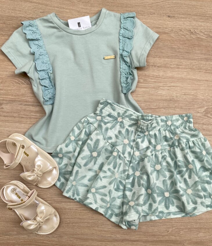 Conjunto Infantil Feminino Cropped Detalhe Laise e Short Estampado Verde Fernanda Ramos Kids