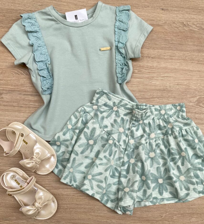 Conjunto Infantil Feminino Cropped Detalhe Laise e Short Estampado Verde Fernanda Ramos Kids