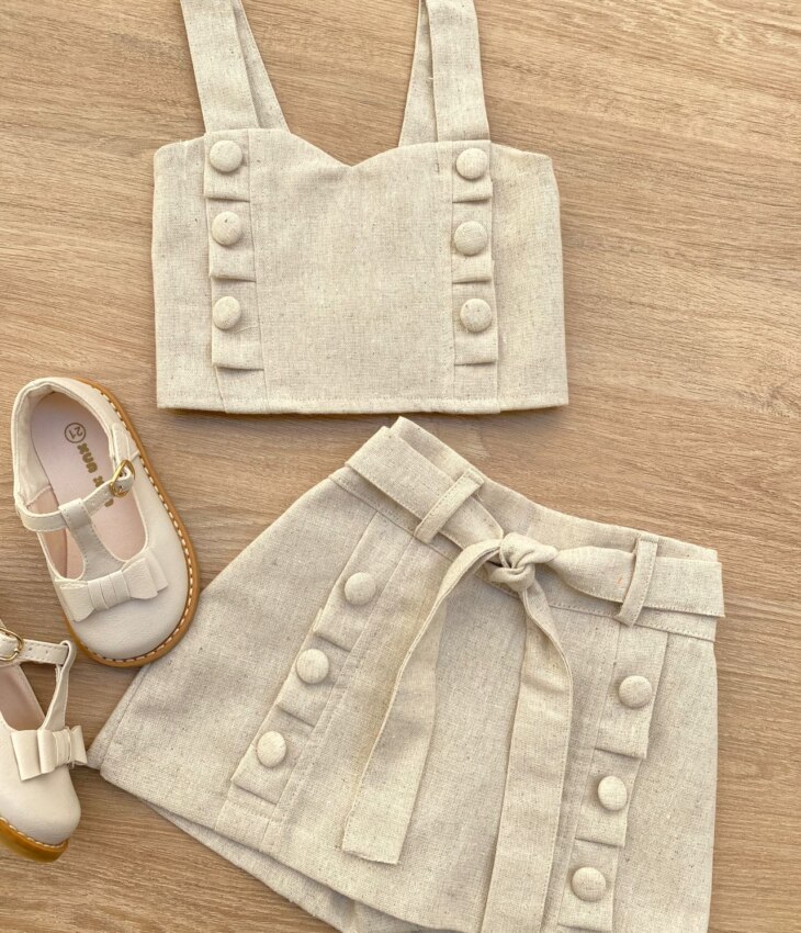 fernandaramoskids com br Conjunto Infantil Feminino Cropped e Short Saia com Amarração Bege 1