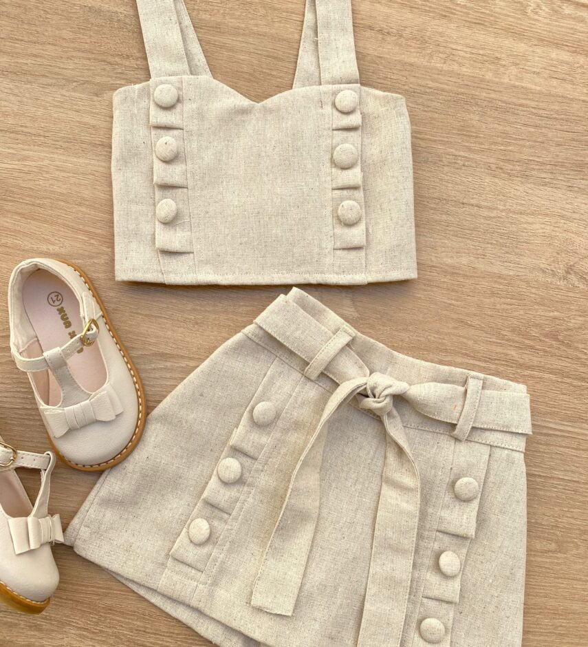 fernandaramoskids com br Conjunto Infantil Feminino Cropped e Short Saia com Amarração Bege 1