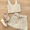 Conjunto Infantil Feminino Cropped e Short Saia com Amarração Bege Fernanda Ramos Kids
