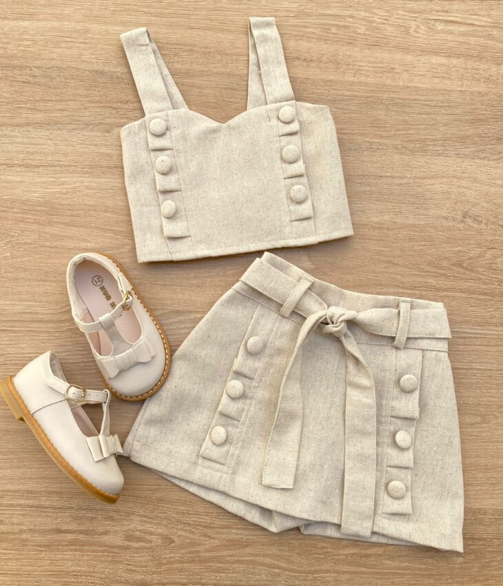 Conjunto Infantil Feminino Cropped e Short Saia com Amarração Bege Fernanda Ramos Kids