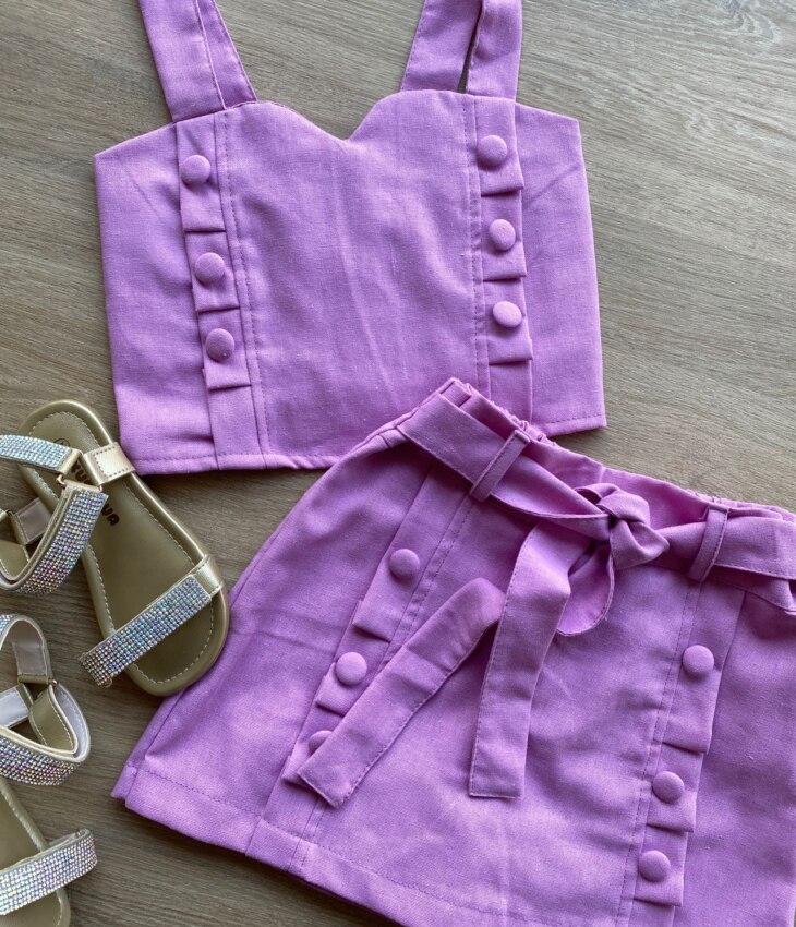 fernandaramoskids com br Conjunto Infantil Feminino Cropped e Short Saia com Amarração Lilás 1