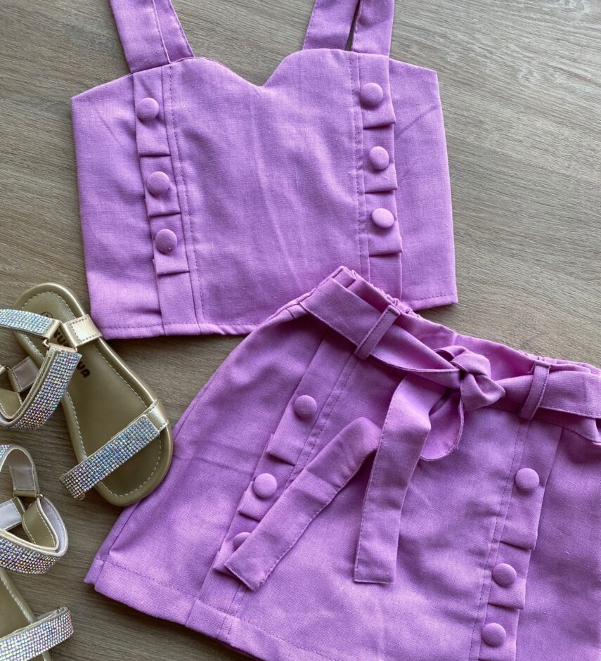 fernandaramoskids com br Conjunto Infantil Feminino Cropped e Short Saia com Amarração Lilás 1