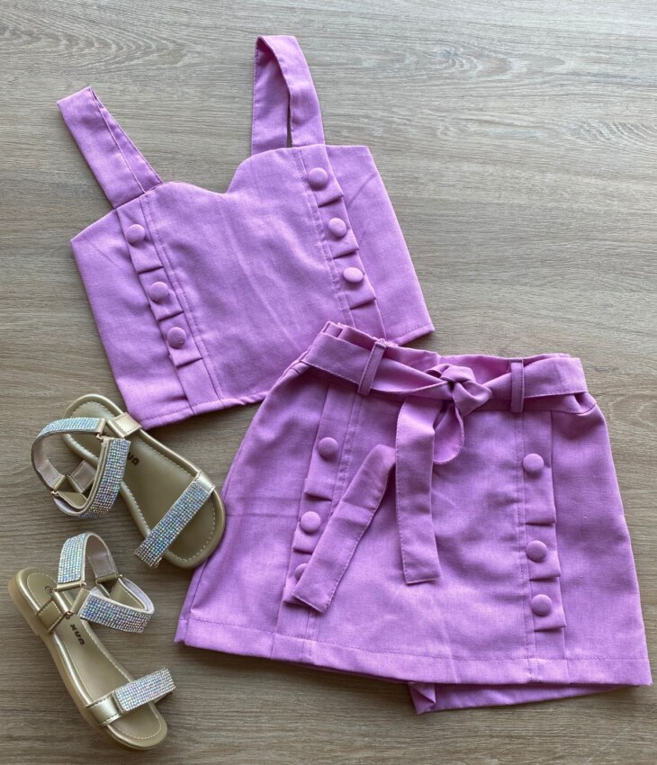 Conjunto Infantil Feminino Cropped e Short Saia com Amarração Lilás Fernanda Ramos Kids