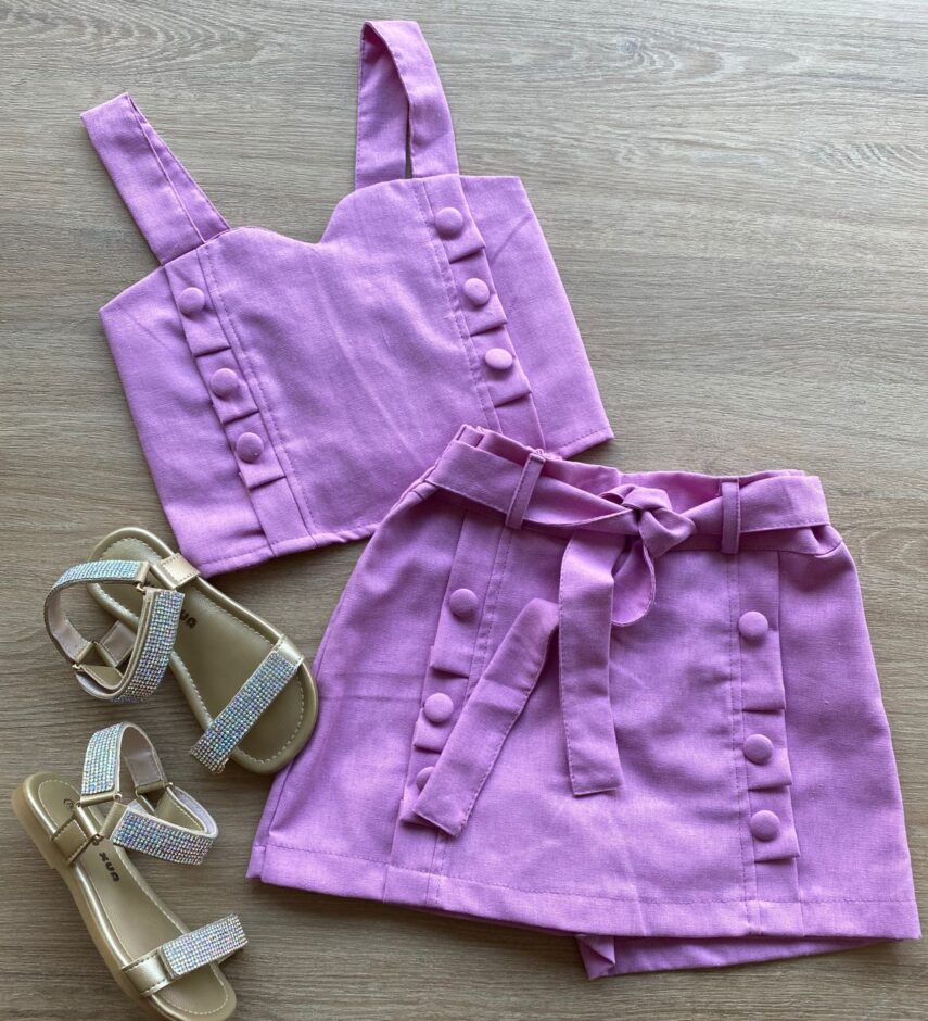 Conjunto Infantil Feminino Cropped e Short Saia com Amarração Lilás Fernanda Ramos Kids