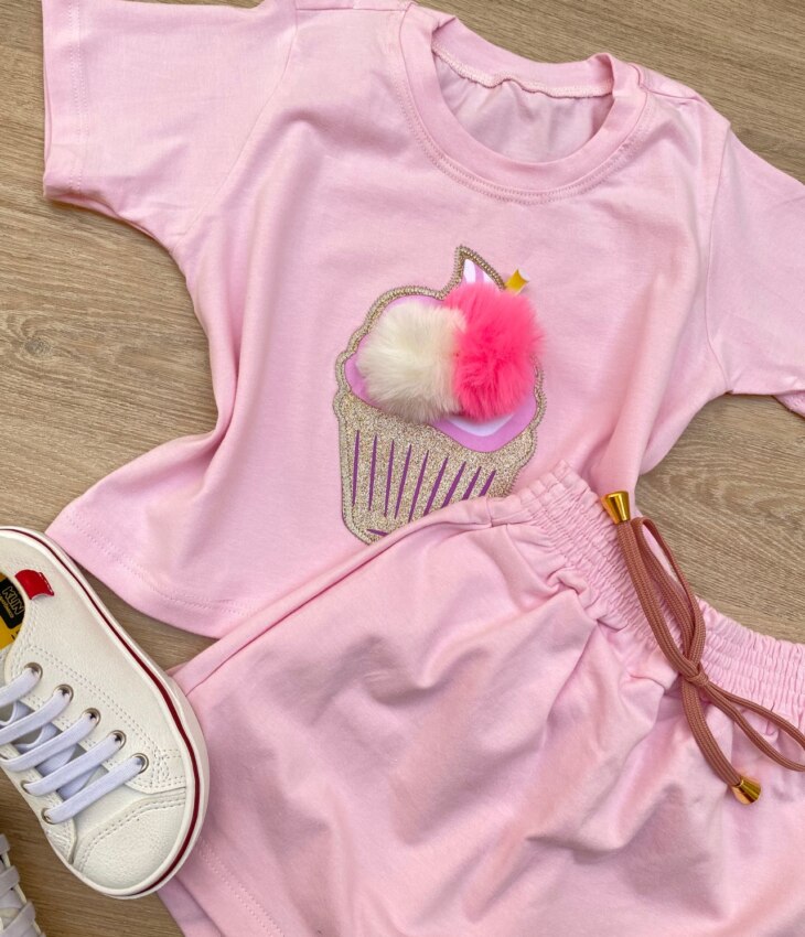 fernandaramoskids com br Conjunto Infantil Feminino Cropped e Short Saia Rosa Bebe 1