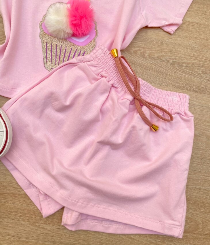fernandaramoskids com br Conjunto Infantil Feminino Cropped e Short Saia Rosa Bebe 2