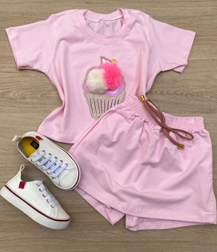 Conjunto Infantil Feminino Cropped e Short Saia Rosa Bebe Fernanda Ramos Store
