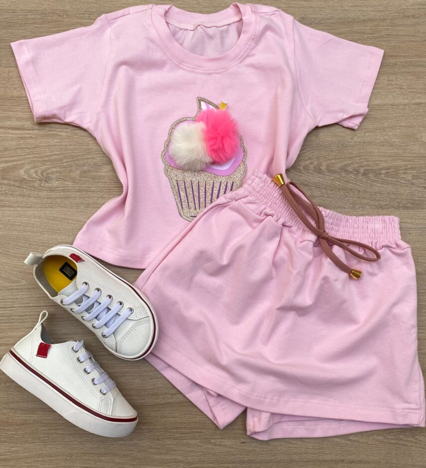 Conjunto Infantil Feminino Cropped e Short Saia Rosa Bebe Fernanda Ramos Store