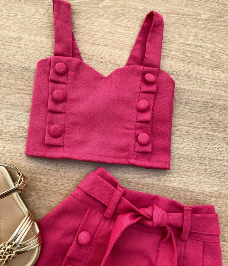 fernandaramoskids com br Conjunto Infantil Feminino Cropped e Short Saia com Amarração Pink 1