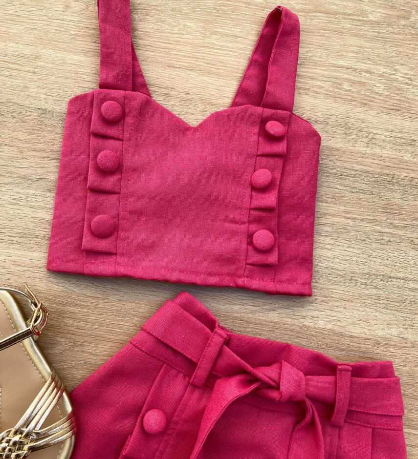 fernandaramoskids com br Conjunto Infantil Feminino Cropped e Short Saia com Amarração Pink 1