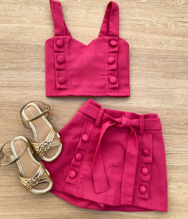 Conjunto Infantil Feminino Cropped e Short Saia com Amarração Pink Fernanda Ramos Kids