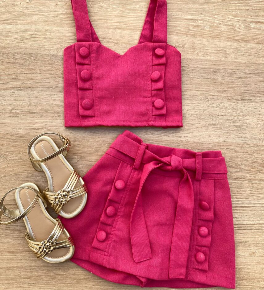 Conjunto Infantil Feminino Cropped e Short Saia com Amarração Pink Fernanda Ramos Kids