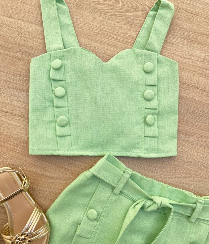 fernandaramoskids com br Conjunto Infantil Feminino Cropped e Short Saia com Amarração Verde 1