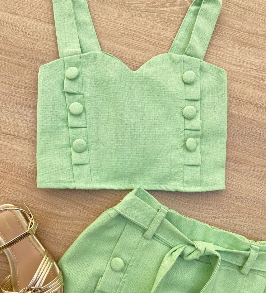 fernandaramoskids com br Conjunto Infantil Feminino Cropped e Short Saia com Amarração Verde 1