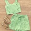 Conjunto Infantil Feminino Cropped e Short Saia com Amarração Verde Fernanda Ramos Kids