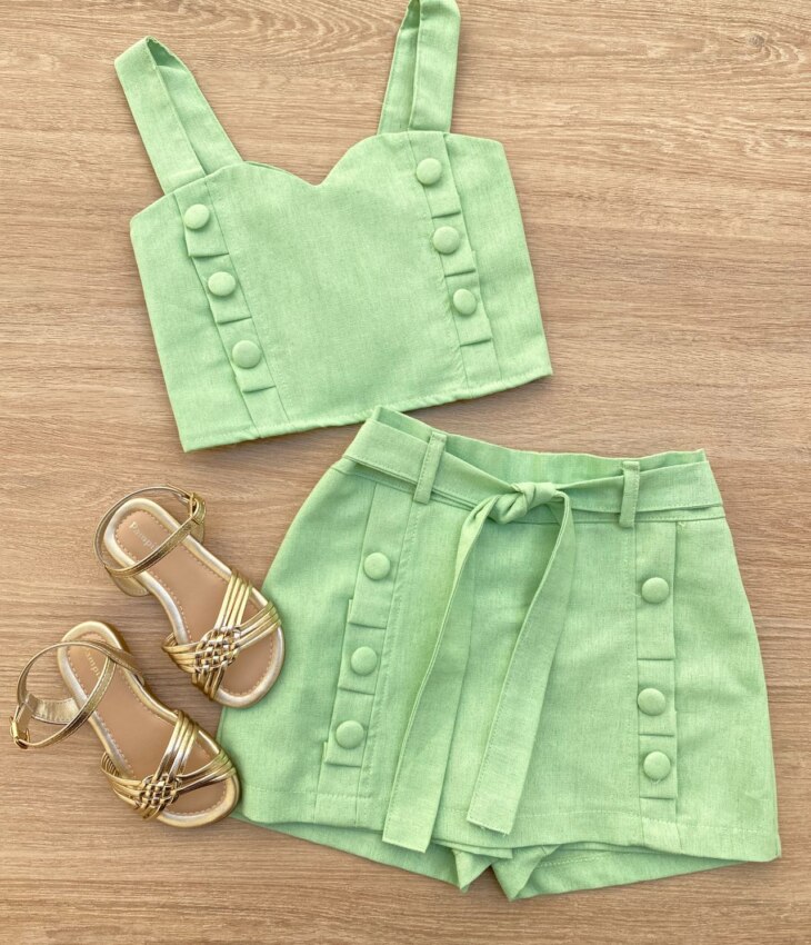 Conjunto Infantil Feminino Cropped e Short Saia com Amarração Verde Fernanda Ramos Kids