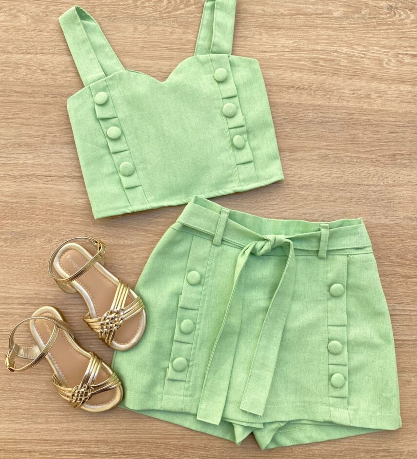Conjunto Infantil Feminino Cropped e Short Saia com Amarração Verde Fernanda Ramos Kids