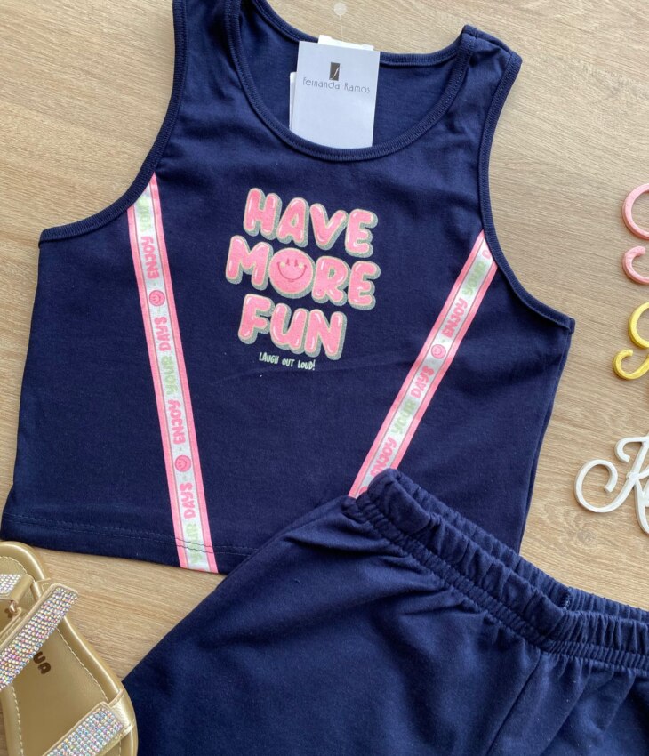fernandaramoskids com br Conjunto Infantil Feminino Cropped Have More e Short Azul Marinho 1