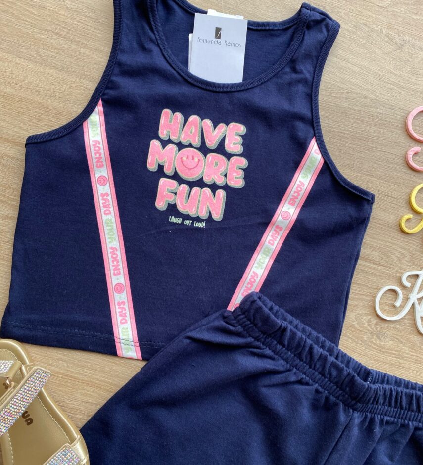 fernandaramoskids com br Conjunto Infantil Feminino Cropped Have More e Short Azul Marinho 1